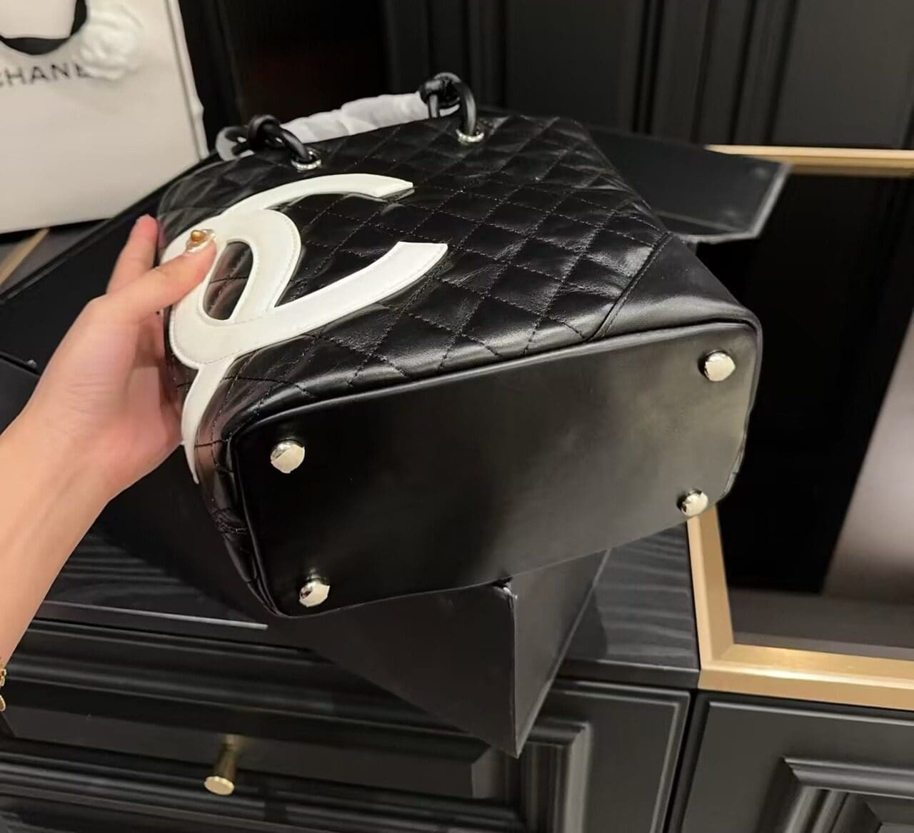 Chanel Black Quilted Lambskin Leather Medium Cambon Tote