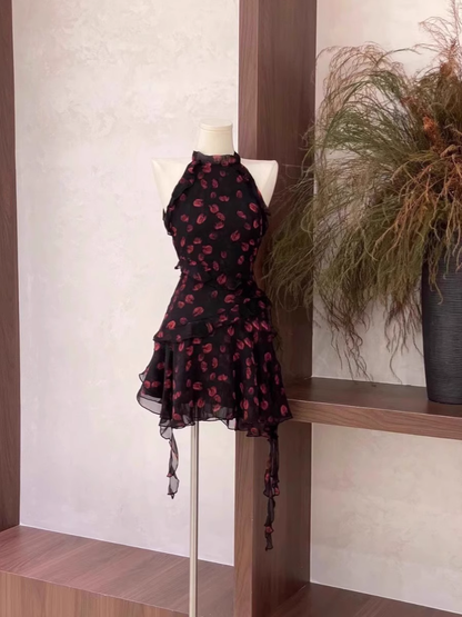 Burgundy Print Floral Chiffon Sleeves Short Holiday Dress Party Dress S245