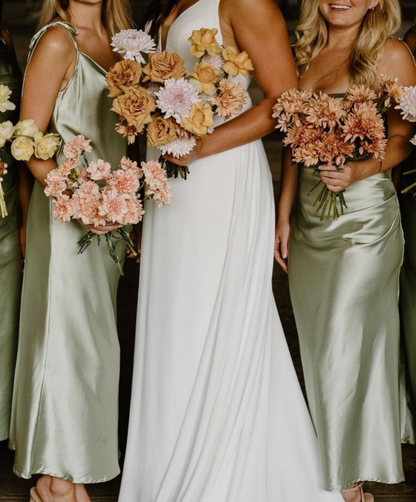 Simple Sheath Spaghetti Strap Sage Green Satin Evening Dress Bridesmaid Dress SH2784