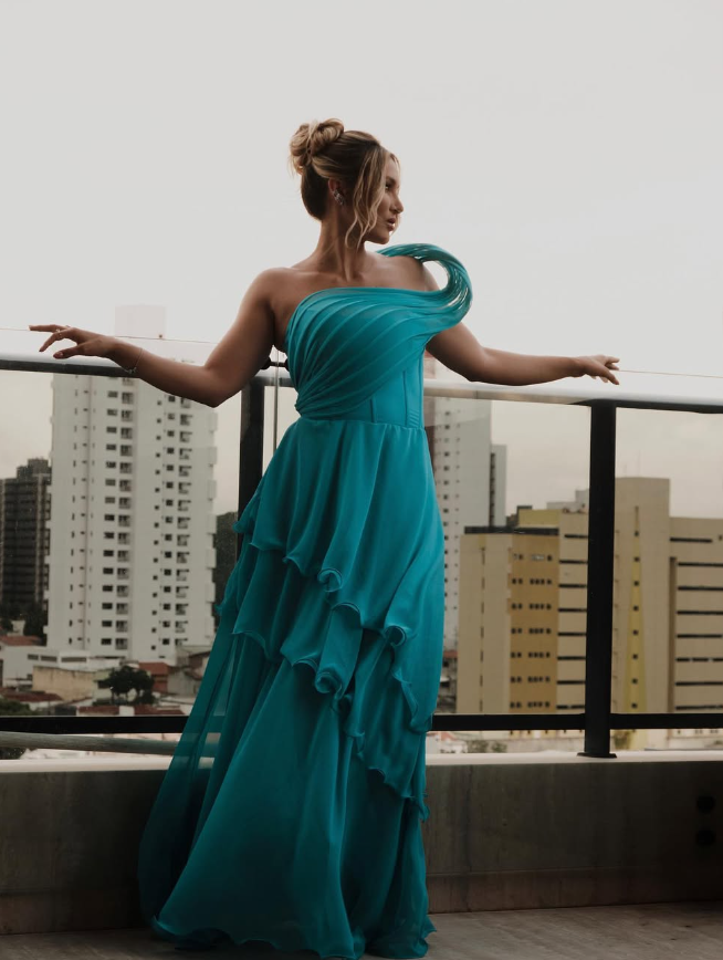 Unique A Line One Shoulder Blue Chiffon Long Prom Dress Evening Dress SH2504