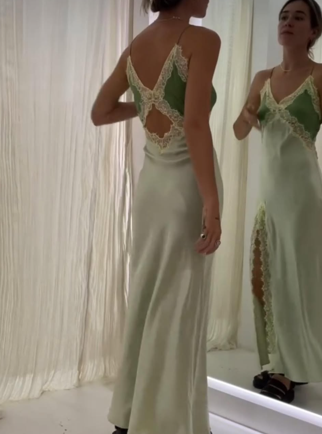 Gentle Sheath Spaghetti Strap Lace Green Satin Prom Dress Graduation Prom Dress with Slit SH2645