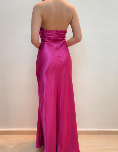 Hot Pink Mermaid V Neck Beaded Satin Open Back Prom Dress Evening Dress SH2056