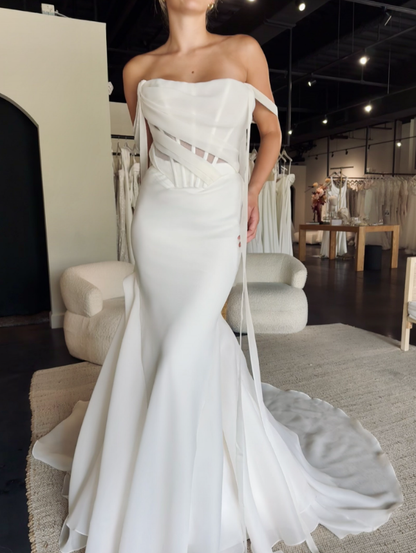 Simple Mermaid Off the Shoulder Corset Chiffon Long Sweep Wedding Dress SH2233