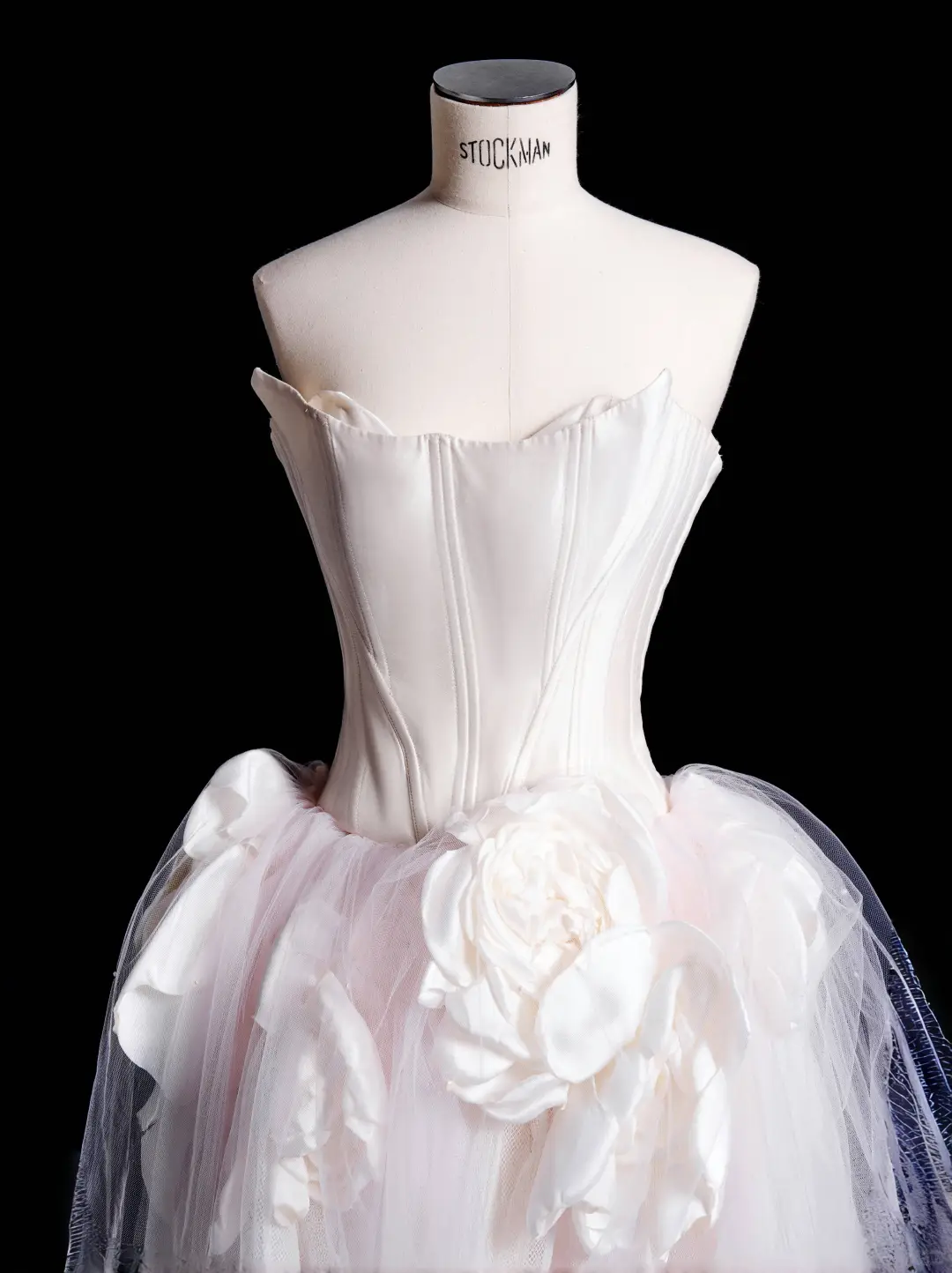 Classy White Satin Pink Tulle Strapless Birthday Dress Wedding Party Dress S479