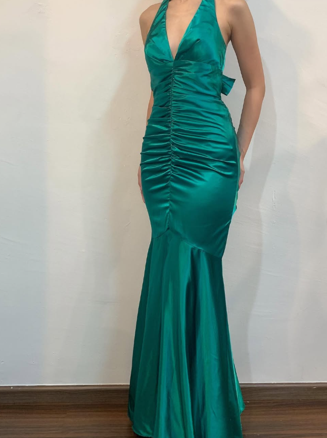 Vintage Mermaid Halter V Neck Green Satin Open Back Long Prom Dress Evening Dress SH2041