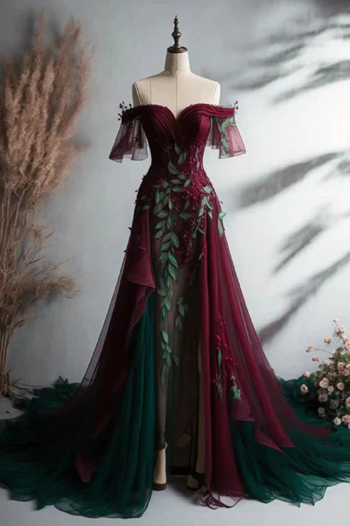 Burgundy gorgeous retro exquisite applique elegant strapless long tulle ball gown evening dress prom dress gh3451