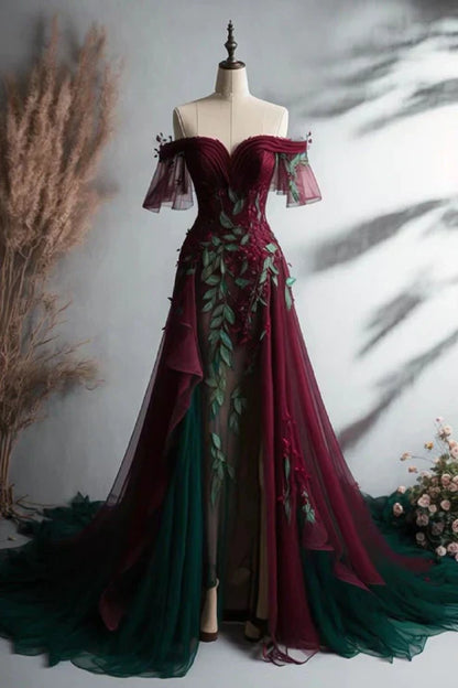 Burgundy gorgeous retro exquisite applique elegant strapless long tulle ball gown evening dress prom dress gh3451