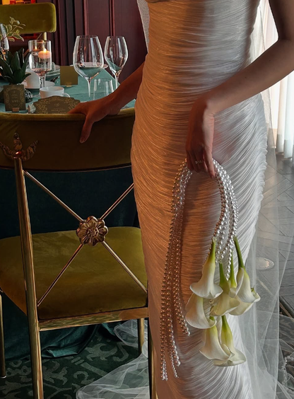 Elegant Sheath Off the Shoulder White Satin Long Prom Dress Wedding Dress SH2469