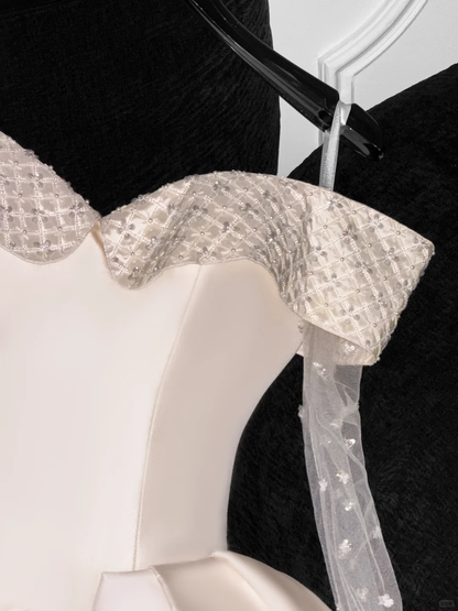 Cute A Line Off the Shoulder Beaded Ivory Satin Tulle Short Homecoming Dress Birthday Dress SH3099