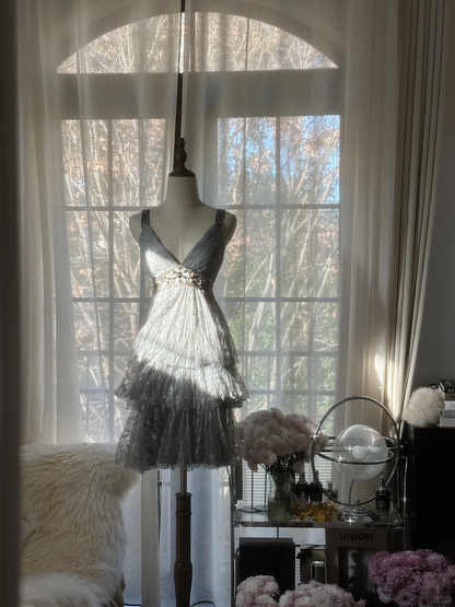 Elegant V Neck Lace Beaded Layered Mini Birthday Outfits Gray A Line Short Homecoming Dress S727