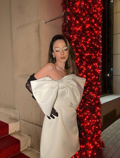 Cute A Line Strapless Bow White Satin Short Homecoming Dress Birthday Dress SH2509