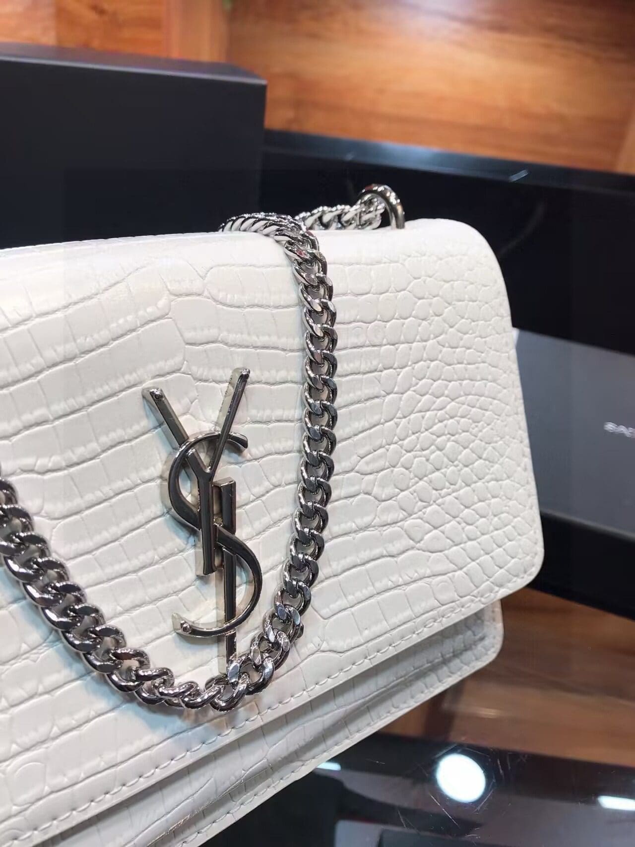 SAINT LAURENT Calfskin Crocodile Embossed Medium Monogram Sunset Icy White