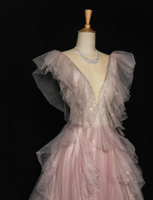 Pink Beaded A Line V Neck Ruffle Tulle Prom Dress Evening Dress Party Dress SH3619