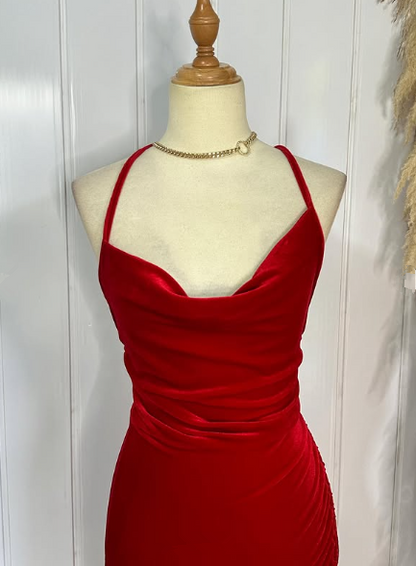 Sexy Spaghetti Straps Red Velvet Evening Dress Mermaid Prom Dresses
