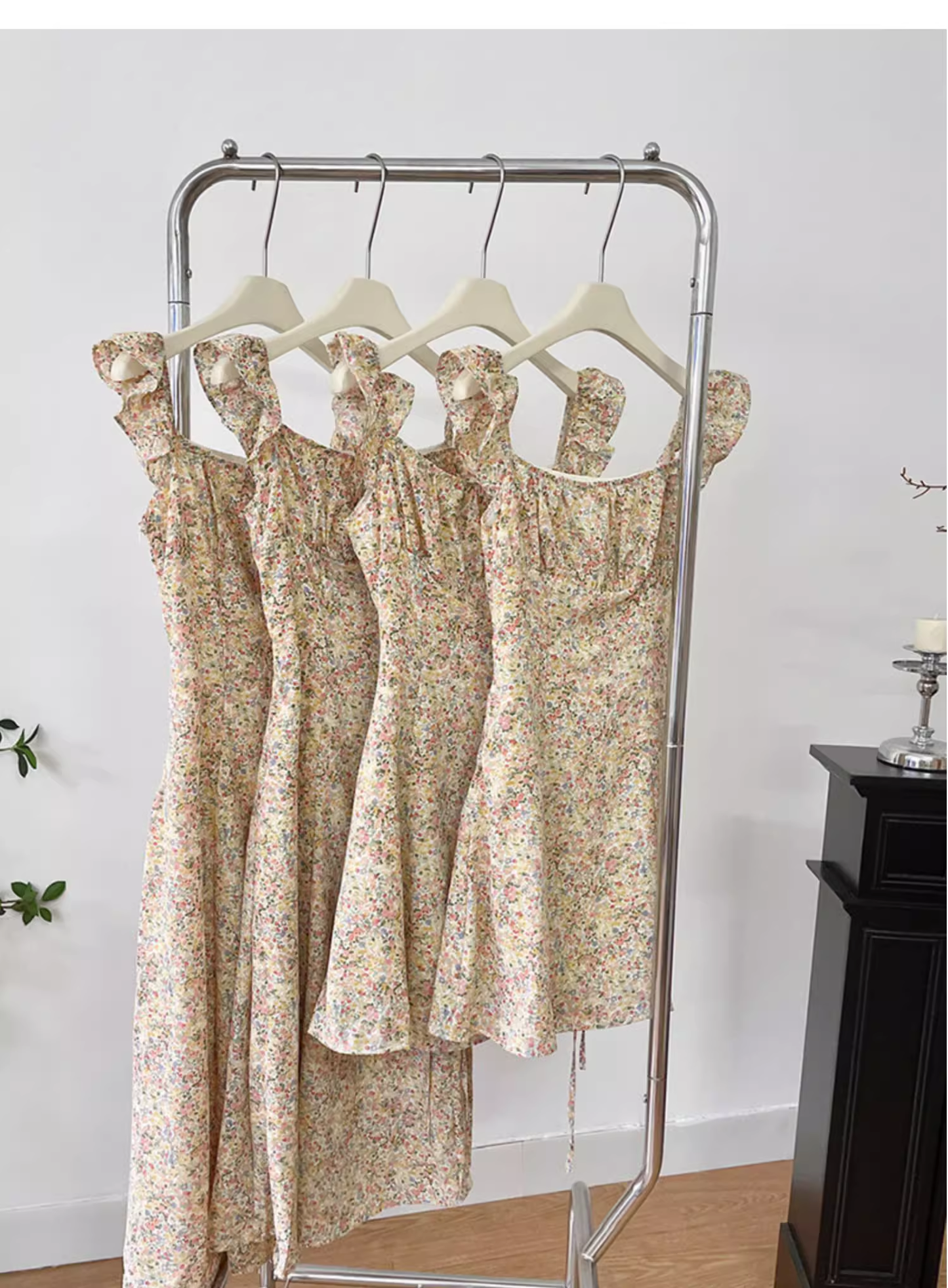 Light Yellow Floral Short Dress Vacation Dress S222