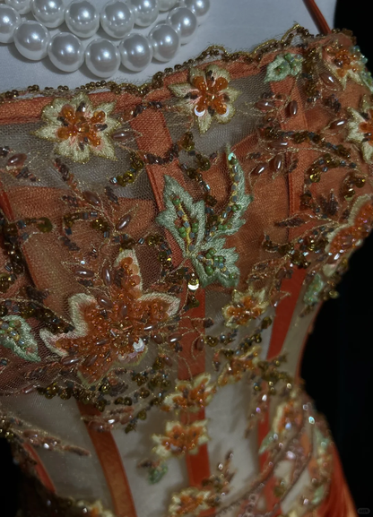 Retro Orange Mermaid Straps Corset Beaded Layered Satin Prom Dress Evening Dress SH3329