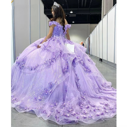 Light Blue Sparkly Off The Shoulder Appliques Prom Dress Quinceañera Dress Sweet 16 Prom Dress Ball Gown SH1136