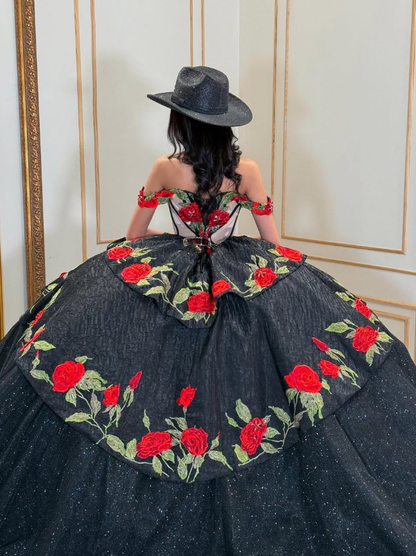 Sexy Red Flower Ball Gown Off the Shoulder Black Tulle Sweet 16 Dress Party Gowns Quinceanera Dresses SH3555