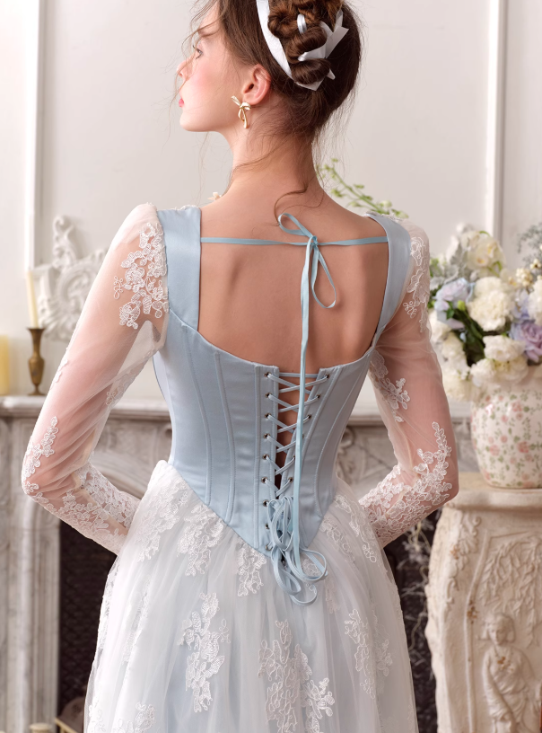 Gentle Baby Blue Satin White Lace Long Sleeve Prom Dress Party Dress Birthday Dress SH3754