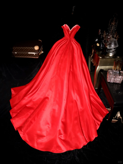 Simple A Line Sweetheart Neck Red Satin Long Prom Dress Evening Dress SH3106