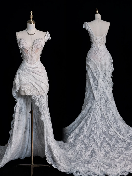 Stunning A Line One Shoulder White Lace Long Sweep Prom Dress Graduation Prom Dress SH2520