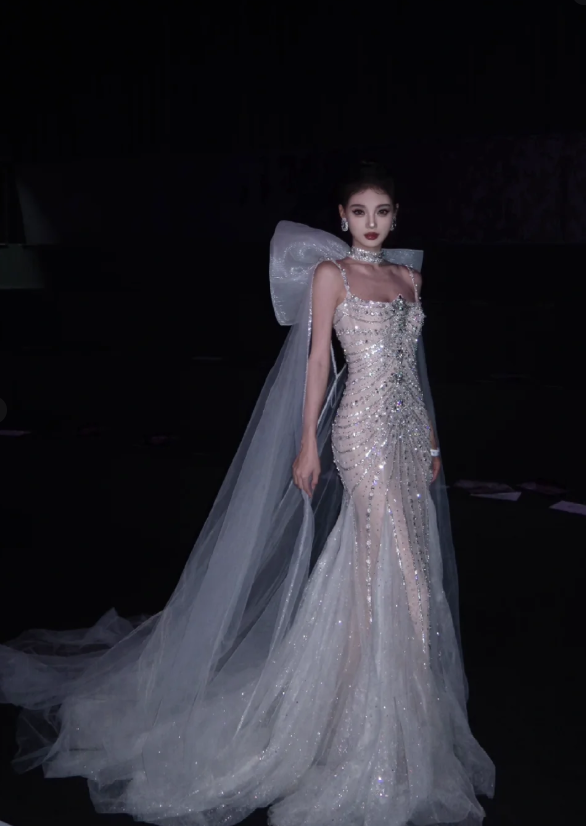 Rhinestone Exquisite Mermaid Spaghetti Strap Beaded Tulle Prom Dress Wedding Dress with Bow SH3639