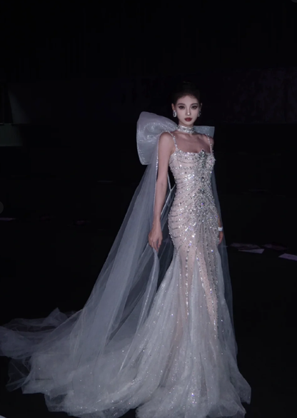 Rhinestone Exquisite Mermaid Spaghetti Strap Beaded Tulle Prom Dress Wedding Dress with Bow SH3639