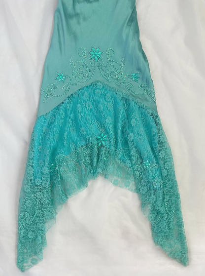 Blue Retro A Line Spaghetti Straps Beaded Lace Satin Homecoming Dress Cocktail Dress SH3546