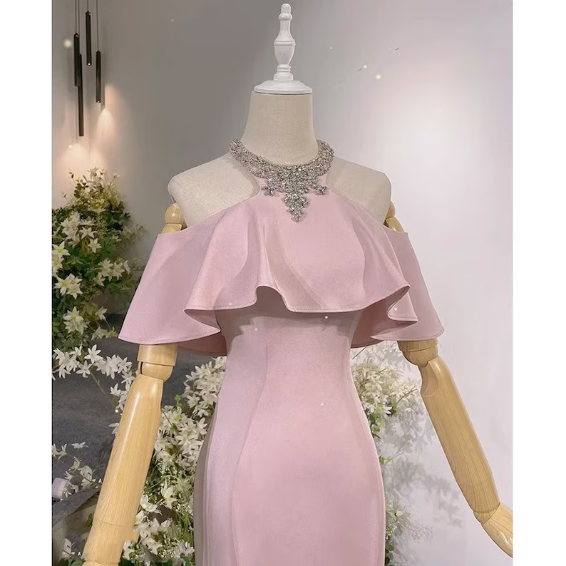 Pink Vintage Off The Shoulder Long Mermaid Prom Dressï¼_legant Evening Dress SH642