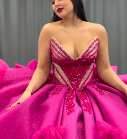 Princess Hot Pink Quinceanera Dresses Beaded Appliques Tulle Sweet 16 Party Prom Ball Gown SH3271