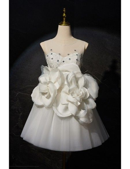 Elegant White Sweetheart Tulle Short Homecoming Dress Formal Birthday Outfits  With Flowers  S638