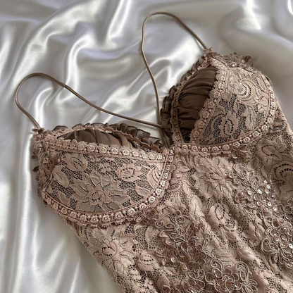 Brown Vintage Lace Beading Pleated Birthday Party Dress Short Homecoming Dress S346