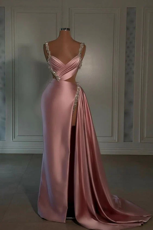 Pink gorgeous shiny V-neck fashionable exquisite beading spaghetti straps long satin sexy prom dress, evening dress, party dress gh3521