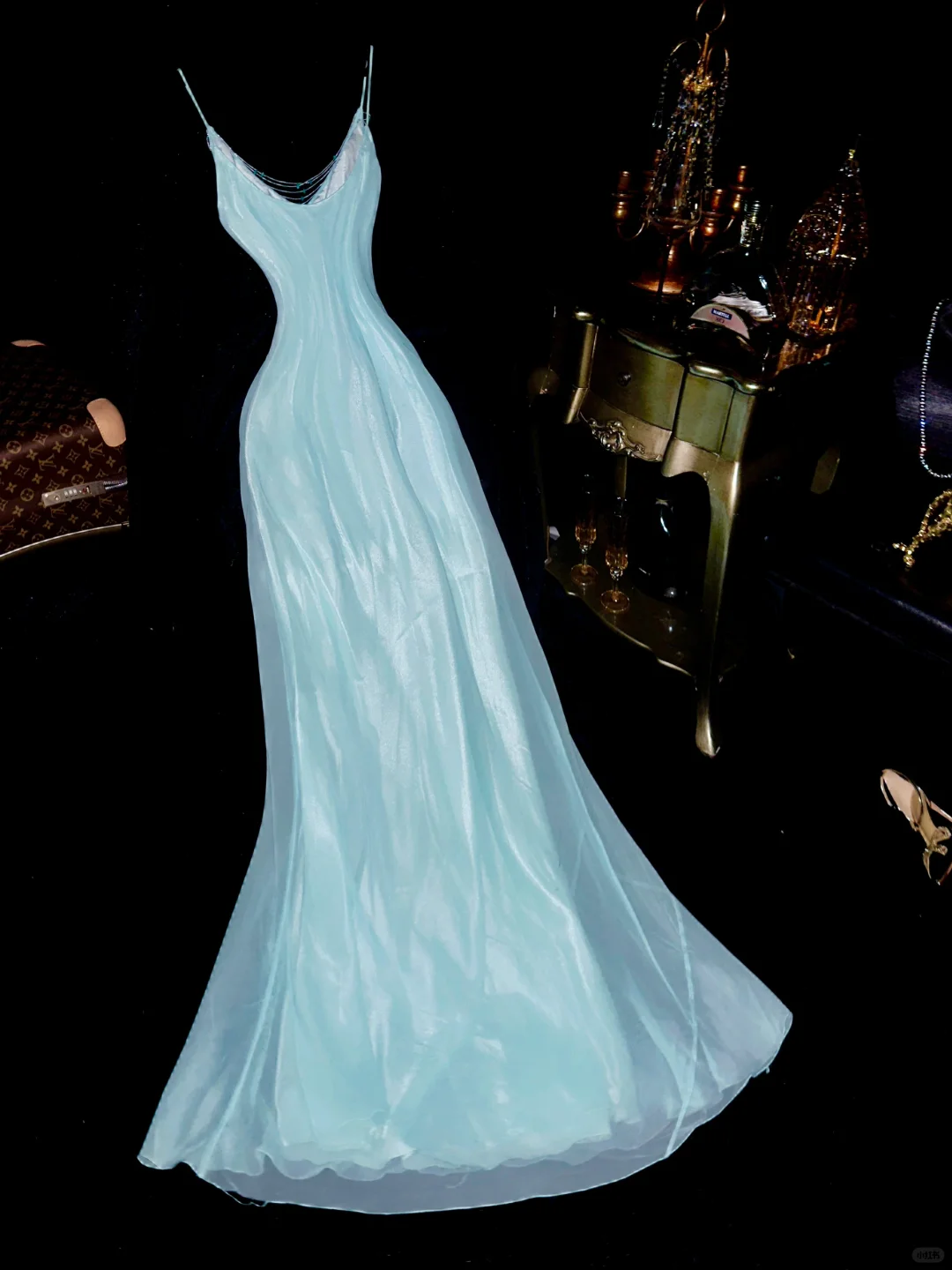 Blue Mermaid V Neck Beaded Chiffon Satin Long Prom Dress Party Dress SH3070