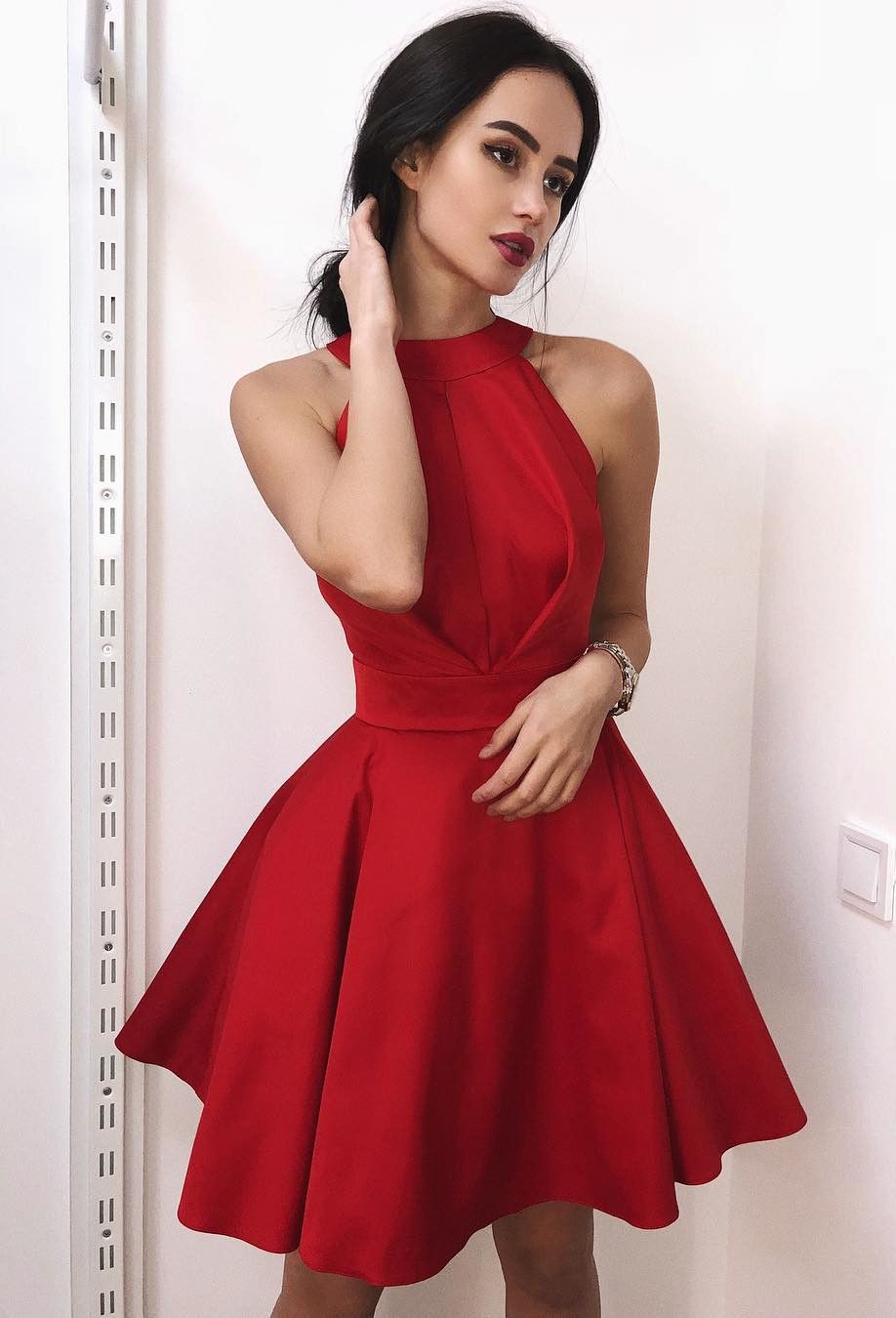 PM211,Red Halter Satin Homecoming Dresses Short Prom Dresses