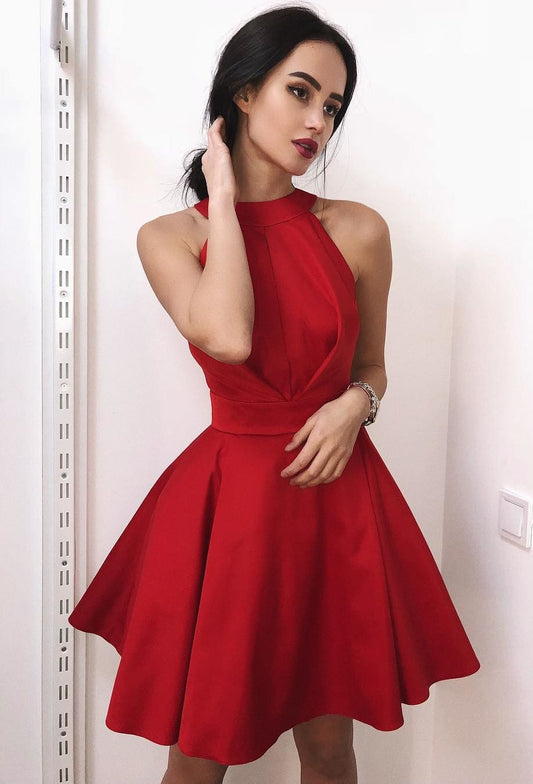 PM211,Red Halter Satin Homecoming Dresses Short Prom Dresses