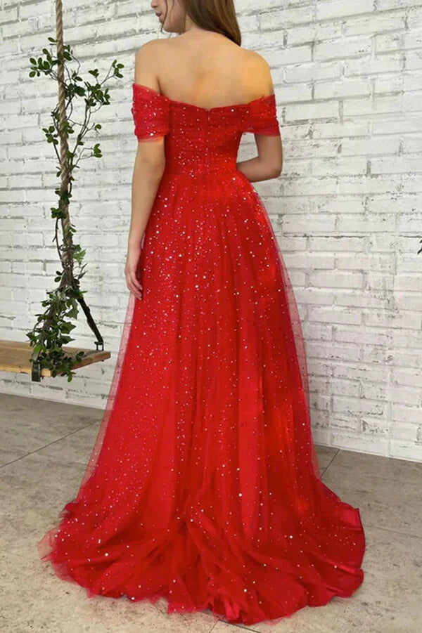 Sparkle Off The Shoulder A-Line Tulle Prom Dresses