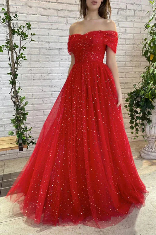Sparkle Off The Shoulder A-Line Tulle Prom Dresses