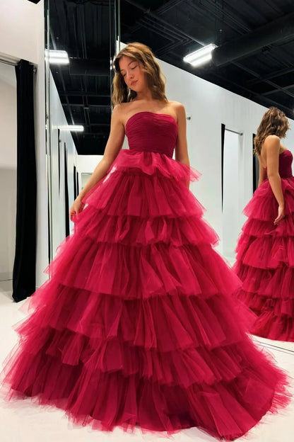 Strapless Layered Red Tulle Long Prom Dresses Formal Evening Dresses SH1730