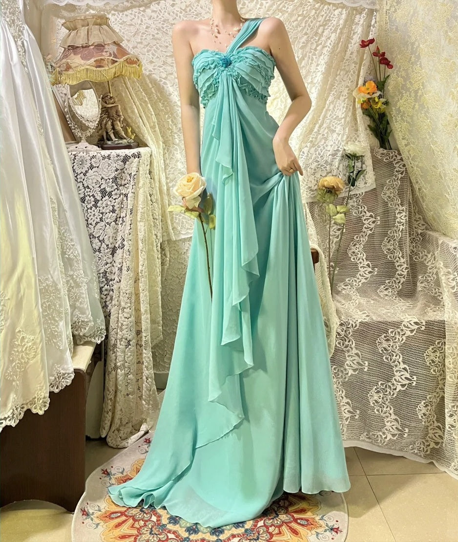 Mint Green vintage fashion one shoulder floral long chiffon prom dress evening dress Bridesmaids Dresses gh4432