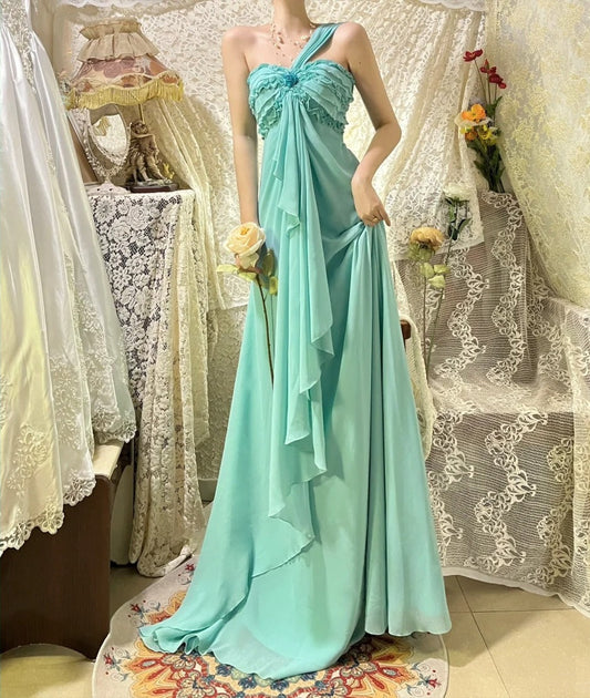 Mint Green vintage fashion one shoulder floral long chiffon prom dress evening dress Bridesmaids Dresses gh4432