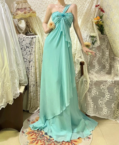 Mint Green vintage fashion one shoulder floral long chiffon prom dress evening dress Bridesmaids Dresses gh4432