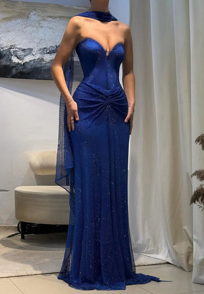 Glitter Royal Blue V-Neck Ruched Prom Dress Long Graduation Gown
