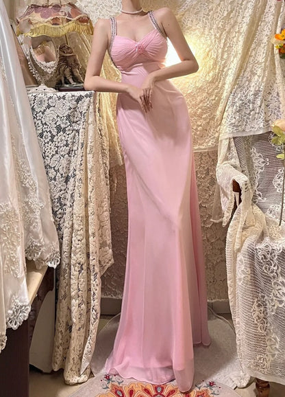 Pink Floral Beading Long Satin Tulle Ball Gown Evening Dress Party Dress gh4487