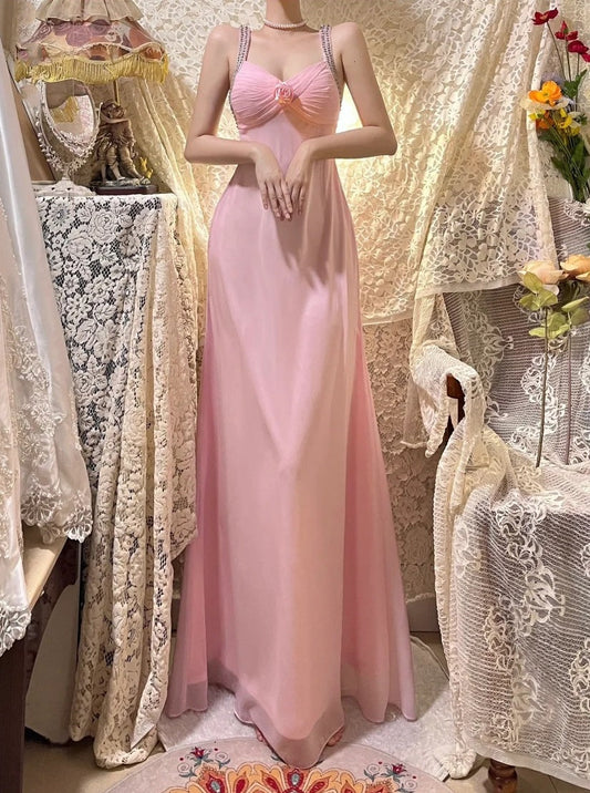 Pink Floral Beading Long Satin Tulle Ball Gown Evening Dress Party Dress gh4487