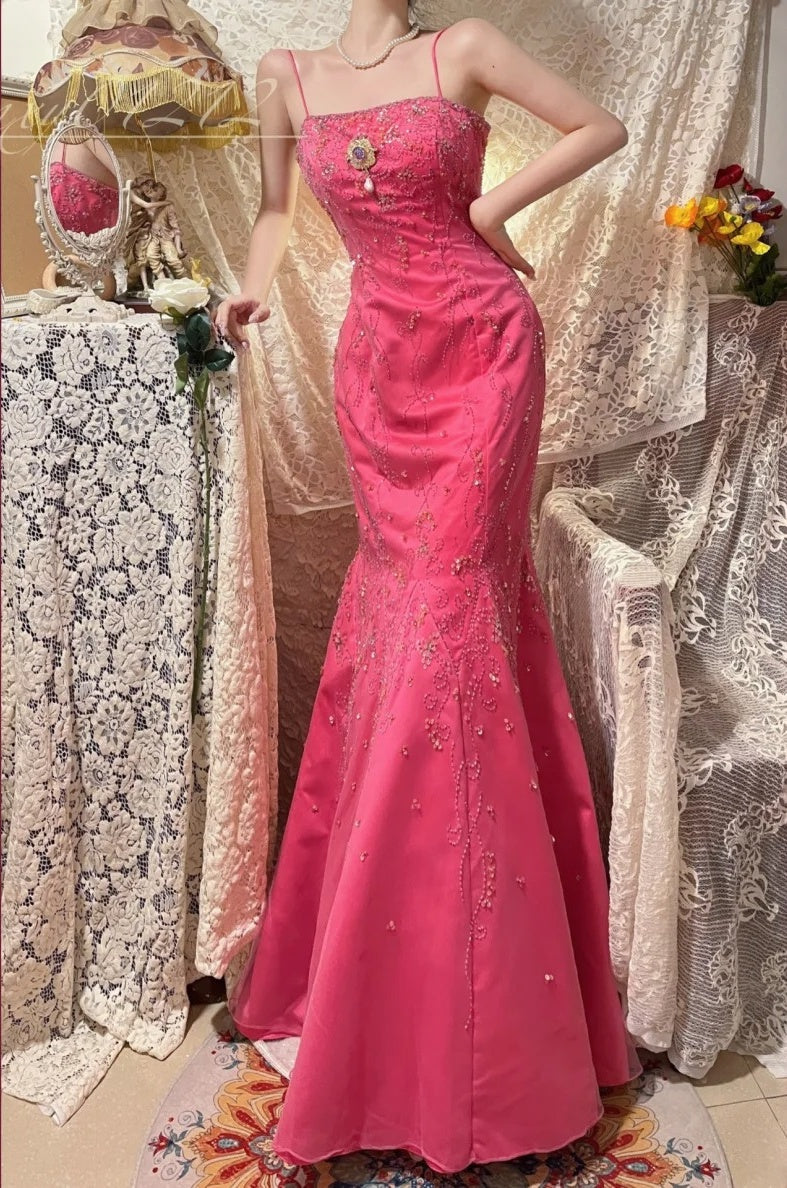 Pink Beaded Floral Elegant Long Satin Ball Gown Evening Dress Party Dress Bridesmaid Dresses gh4465