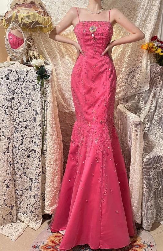 Pink Beaded Floral Elegant Long Satin Ball Gown Evening Dress Party Dress Bridesmaid Dresses gh4465
