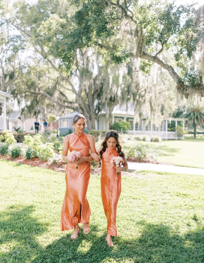 Elegant Sheath Halter Orange Satin Open Back Long Bridesmaid Dress Graduation Prom Dress SH2593