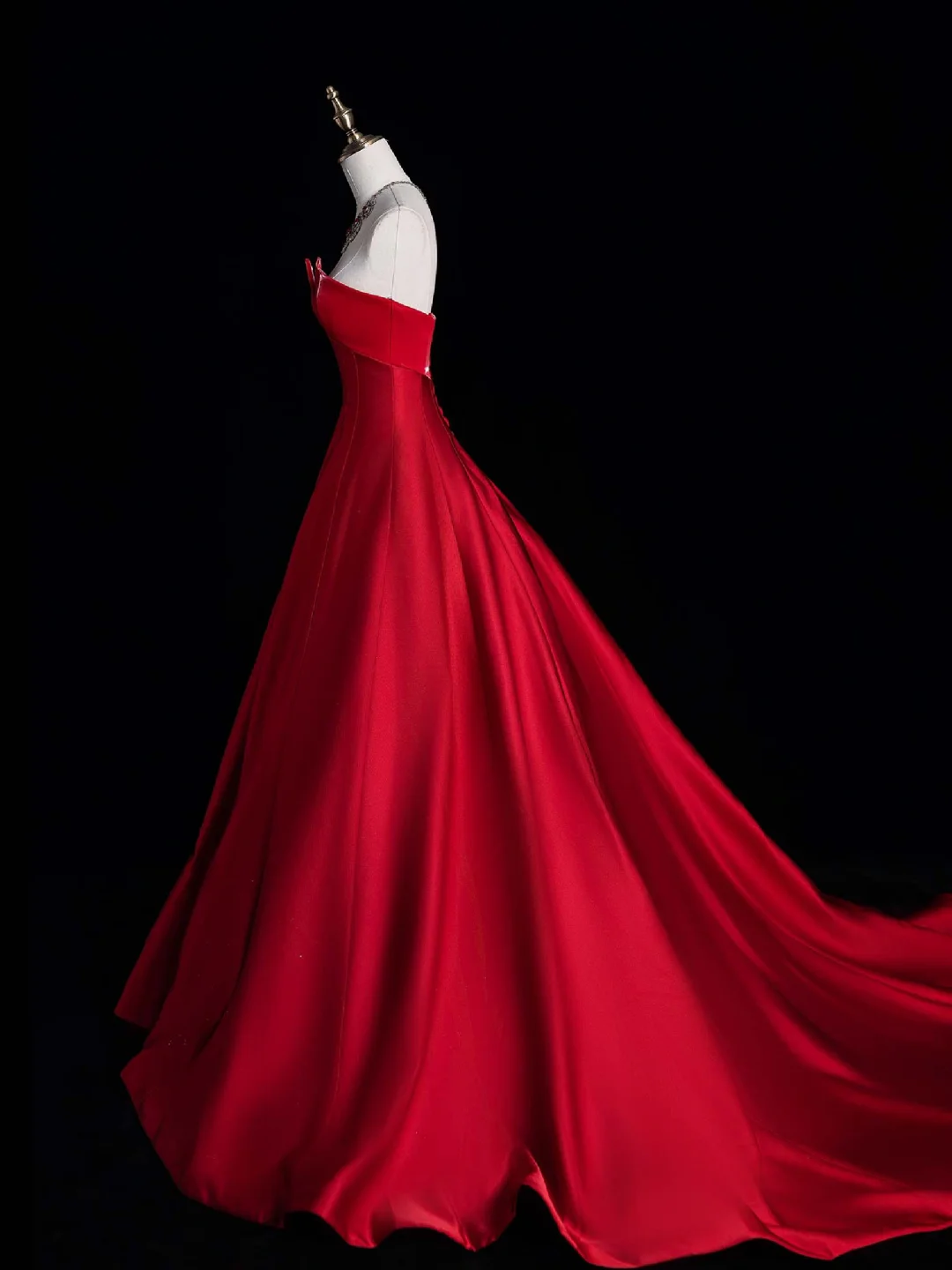 Simple A Line Strapless Red Satin Long Sweep Prom Dress Graduation Prom Dress SH2564