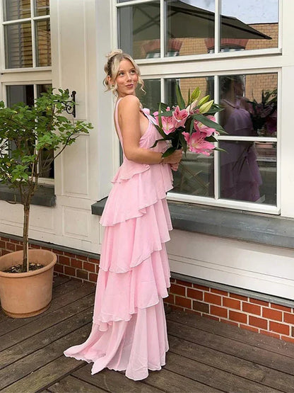 Pink Halter Fashion Halter Ruffled Tiered Ruffle Long Chiffon Tulle Ball Gown Evening Gown Party Dress gh3100